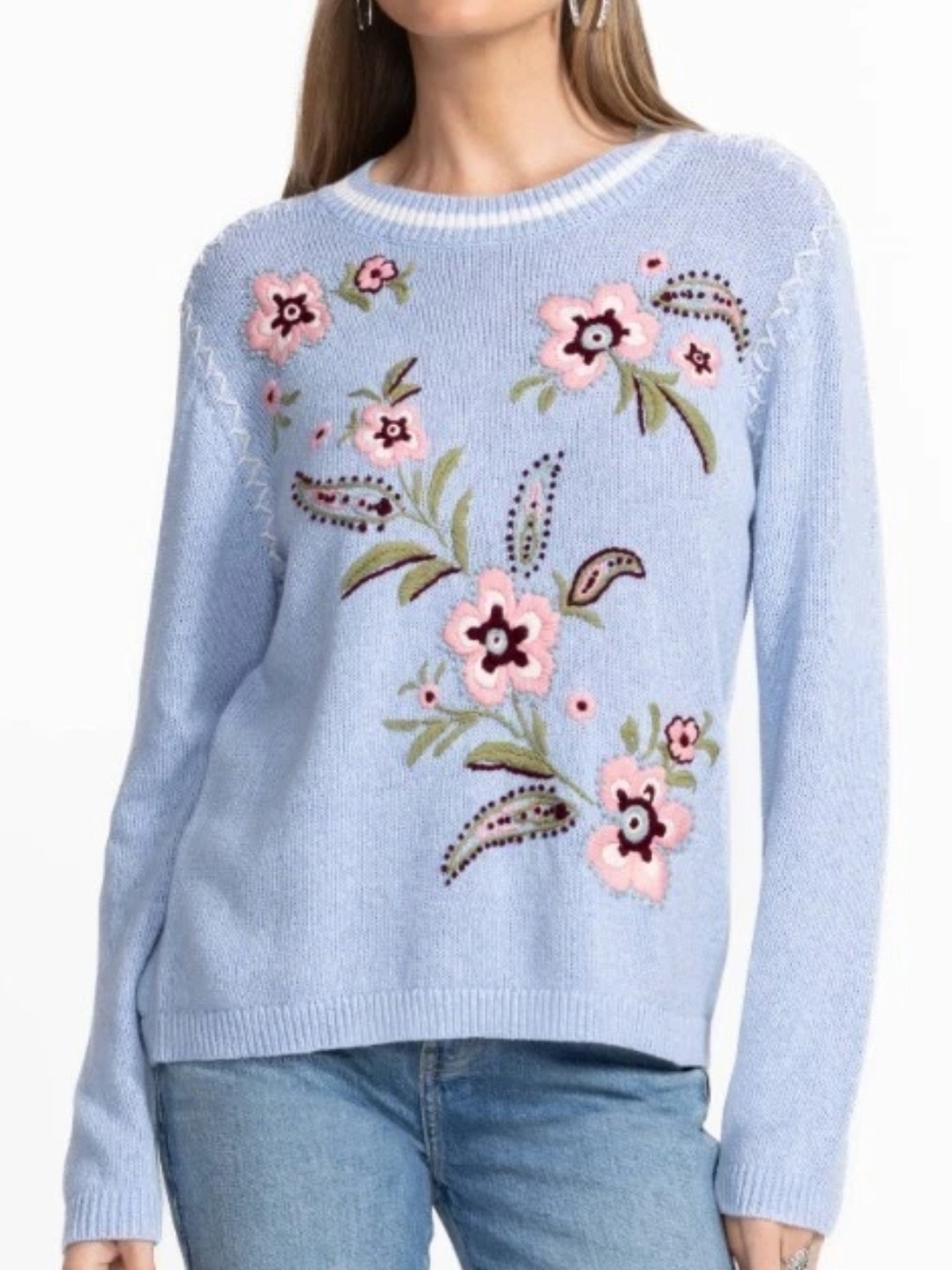 New Sz L Johnny Was Light Blue Floral Embroidered Crewneck Sweater